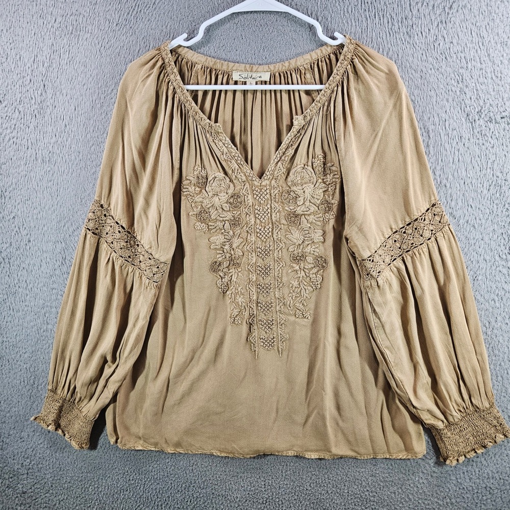 Solitaire Tan Embroidered Boho Peasant Blouse Crochet Lace Rayon Top Large
